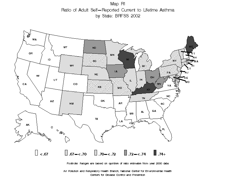 Map R1 (black and white) - Ratio of Adult Self-Reported Current to Lifetime Asthma by State: BRFSS 2002