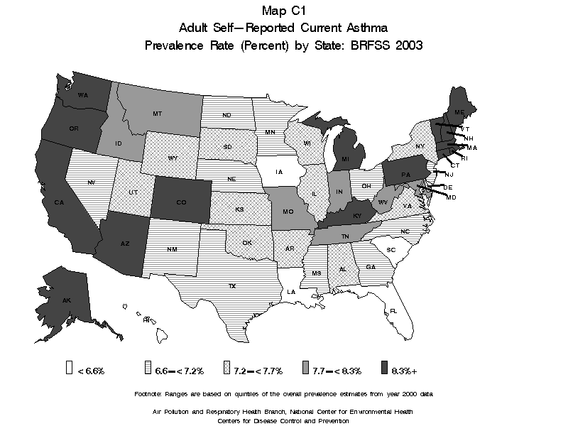 map c1 adult self reported current asthma pervalence rate BRFSS 2003 black and white