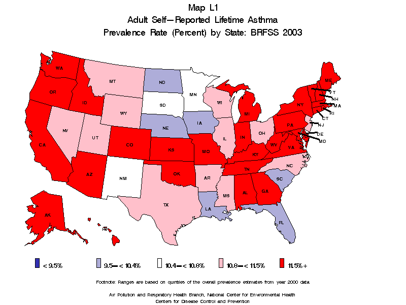 map L1 adult self reported lifetimg asthma prevalence rate by state BRFSS2003
