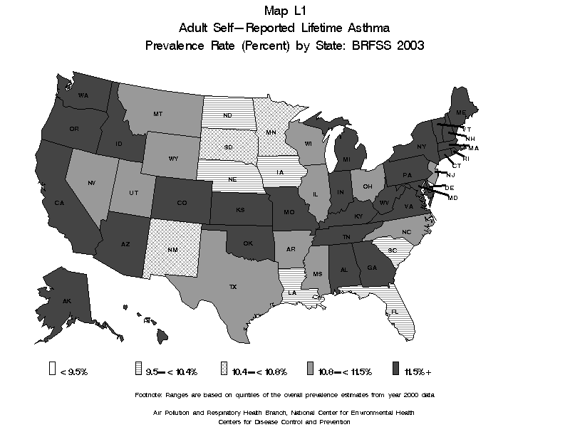 map L1 adult self reported lifetimg asthma prevalence rate by state BRFSS2003 black and white