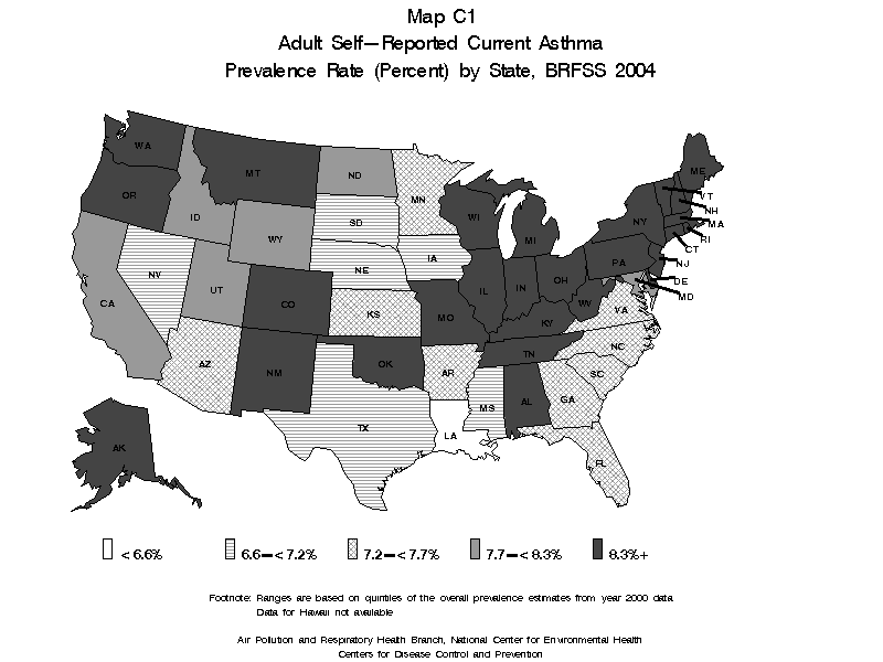 map C1 adult self reported lifetime asthma prevalence rate by state BRFSS2004 black and white
