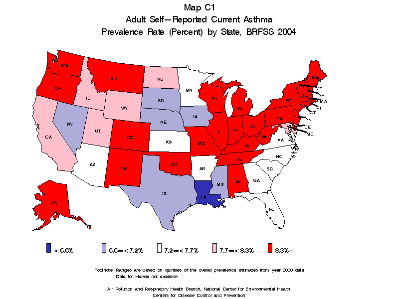 map C1 adult self reported lifetime asthma prevalence rate by state BRFSS2004