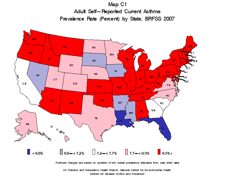 map c1 adult self reported current asthma prevalence rate(percent) by state BRFSS 2007 