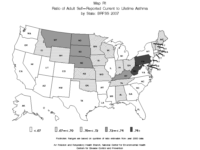 map R1 ratio of adult self reported current to lifetime asthma prevalence rate(percent) by state BRFSS 2007  black and white