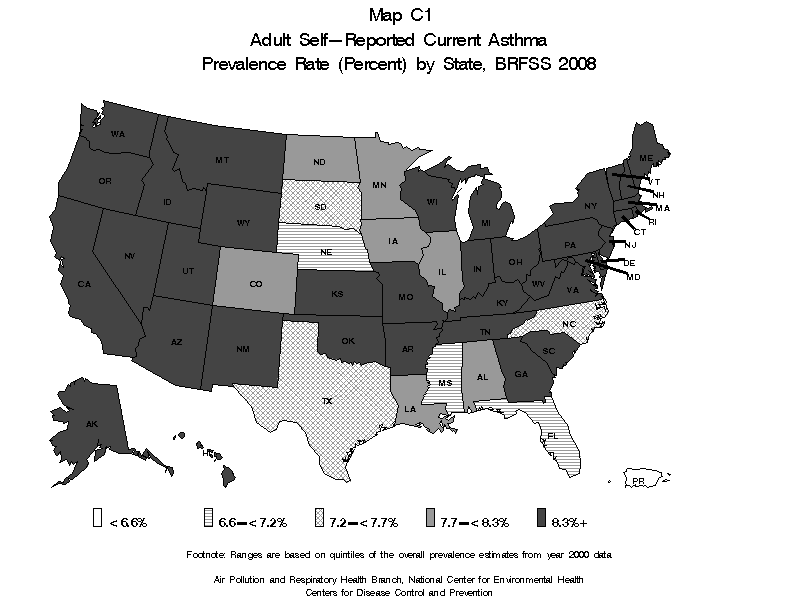 Map C1 (blank and white) - Adult Self-Reported Lifetime Asthma Prevalance Rate (Percent) by State: BRFSS 2008