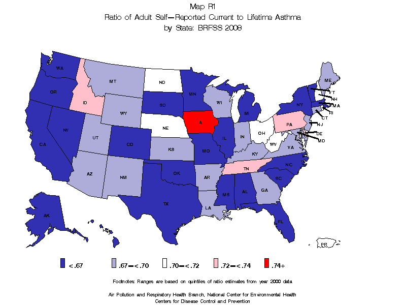 Map R1 (color) - Adult Self-Reported Lifetime Asthma Prevalance Rate (Percent) by State: BRFSS 2008