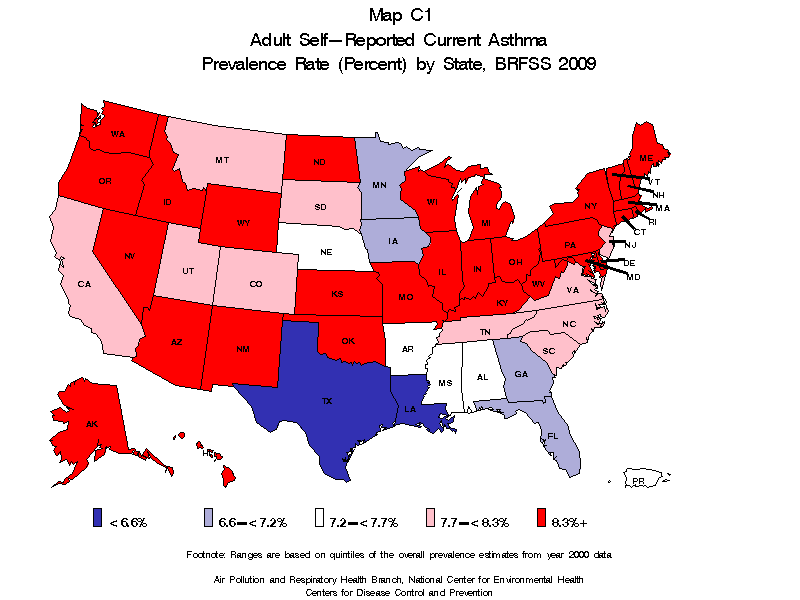 Map C1 (color) - Adult Self-Reported Lifetime Asthma Prevalance Rate (Percent) by State: BRFSS 2009