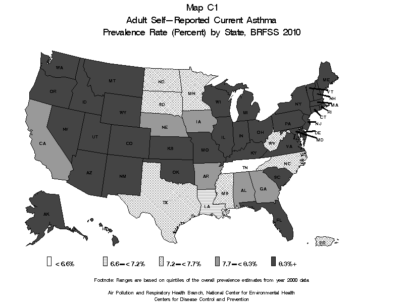 Map C1 (blank and white) - Adult Self-Reported Lifetime Asthma Prevalance Rate (Percent) by State: BRFSS 2010