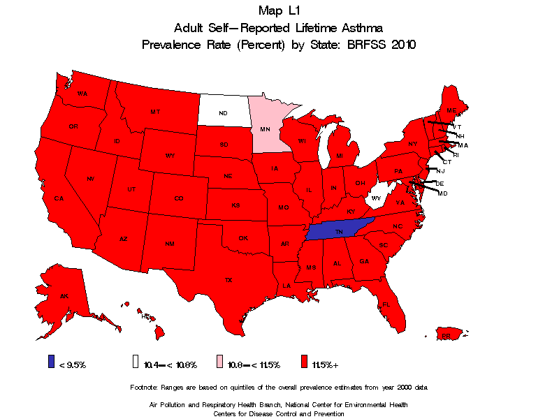 Map L1 (color) - Adult Self-Reported Lifetime Asthma Prevalance Rate (Percent) by State: BRFSS 2010