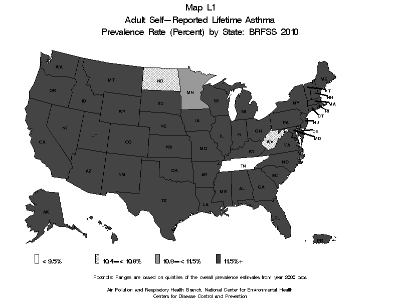Map L1 (black and white) - Adult Self-Reported Lifetime Asthma Prevalance Rate (Percent) by State: BRFSS 2010