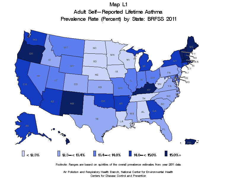 Map L1 (color) - Adult Self-Reported Lifetime Asthma Prevalance Rate (Percent) by State: BRFSS 2011