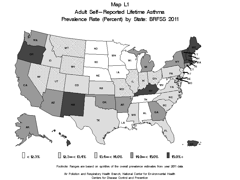 Map L1 (black and white) - Adult Self-Reported Lifetime Asthma Prevalance Rate (Percent) by State: BRFSS 2011