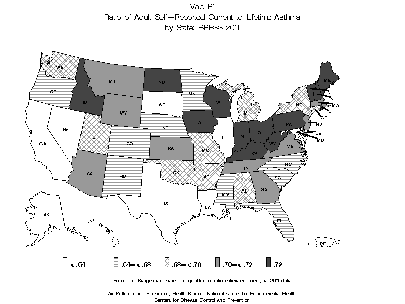 Map R1 (black and white) - Ratio of Adult Self-Reported Current to Lifetime Asthma by State: BRFSS 2011