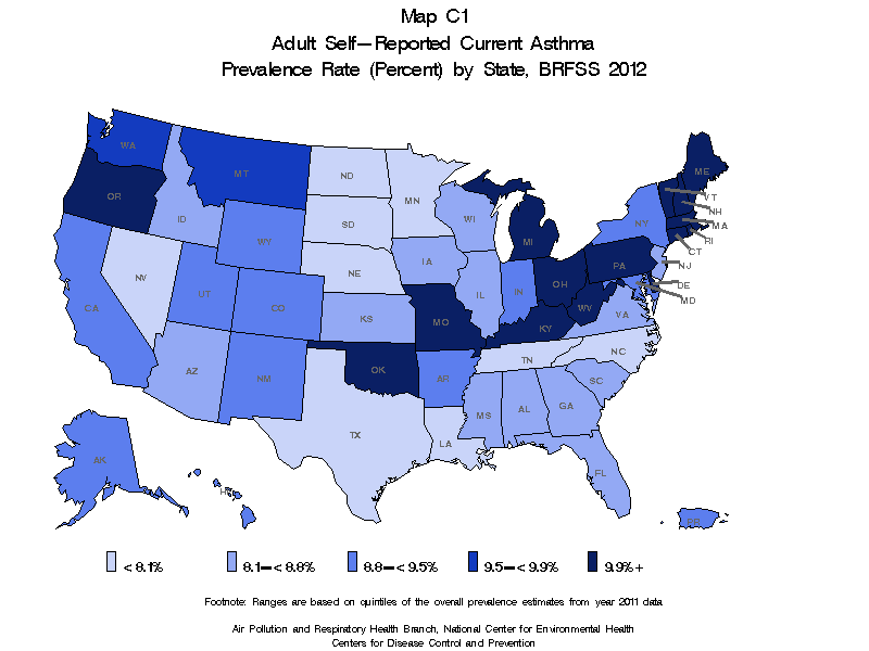 Map C1 (color) - Adult Self-Reported Current Asthma Prevalance Rate (Percent) by State: BRFSS 2012