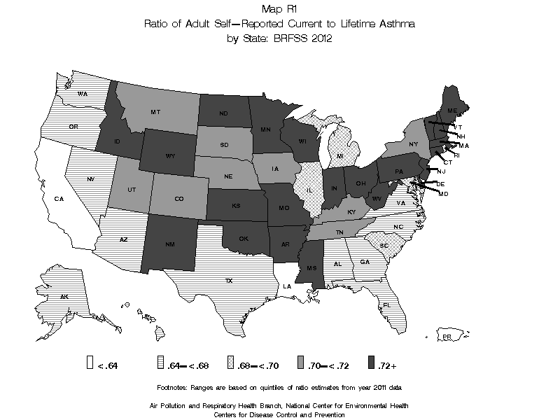 Map R1 (black and white) - Ratio of Adult Self-Reported Current to Lifetime Asthma by State: BRFSS 2012