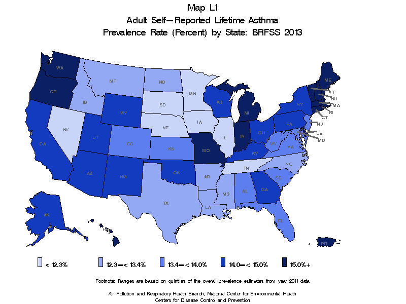 Map L1 (color) - Adult Self-Reported Lifetime Asthma Prevalance Rate (Percent) by State: BRFSS 2013
