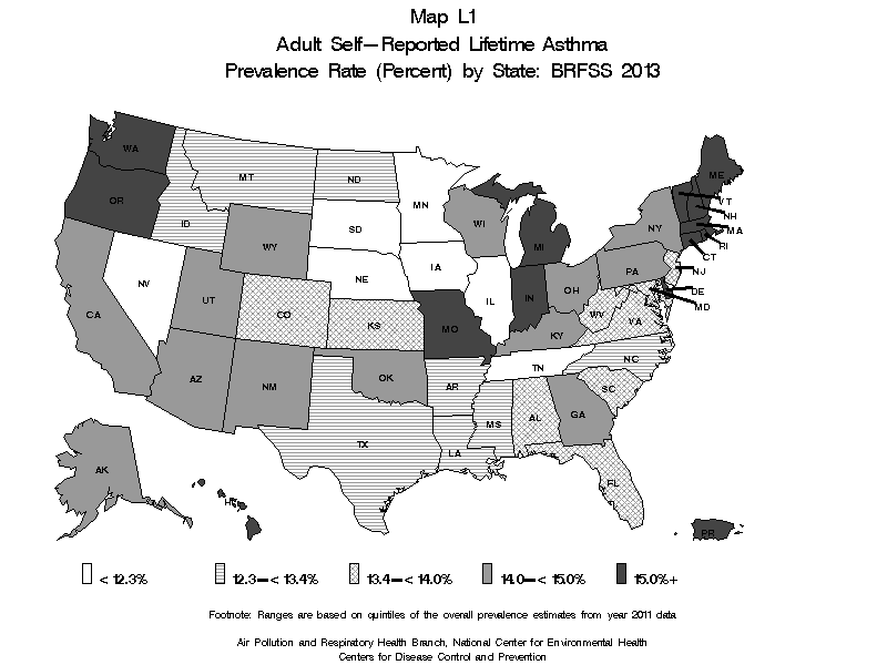 Map L1 (black and white) - Adult Self-Reported Lifetime Asthma Prevalance Rate (Percent) by State: BRFSS 2013