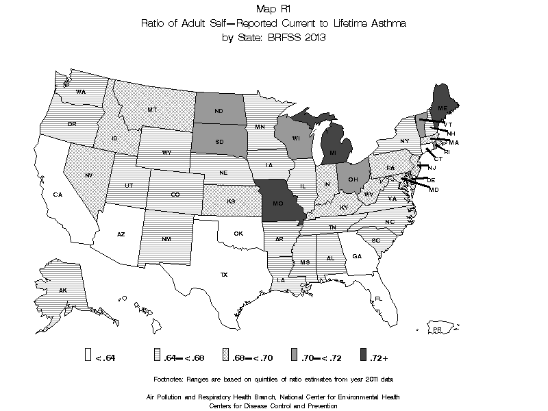 Map R1 (black and white) - Ratio of Adult Self-Reported Current to Lifetime Asthma by State: BRFSS 2013