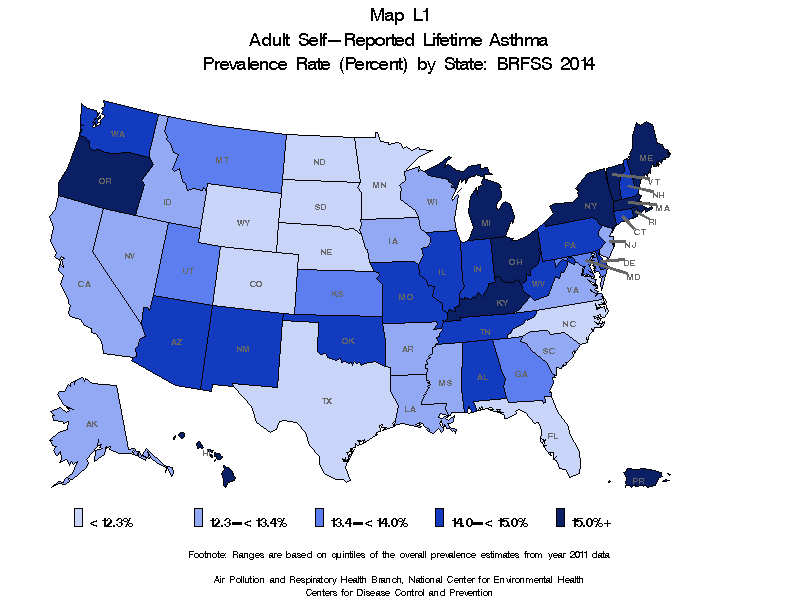 Map L1 (color) - Adult Self-Reported Lifetime Asthma Prevalance Rate (Percent) by State: BRFSS 2014