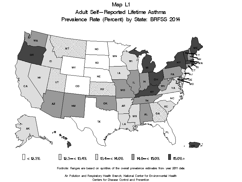 Map L1 (black and white) - Adult Self-Reported Lifetime Asthma Prevalance Rate (Percent) by State: BRFSS 2014