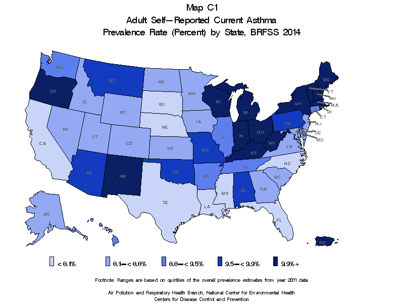 Map C1 (color) - Adult Self-Reported Current Asthma Prevalance Rate (Percent) by State: BRFSS 2014