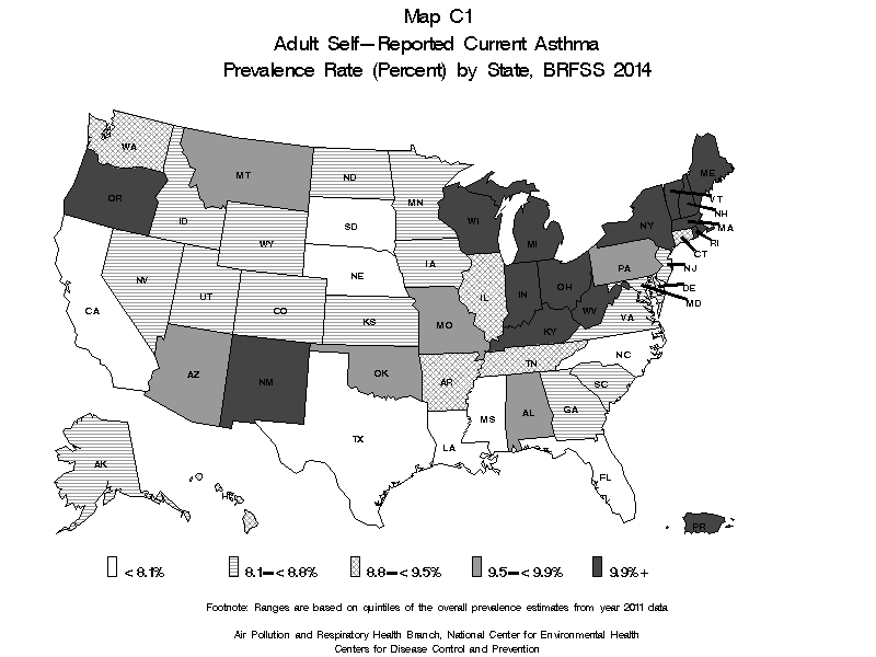 Map C1 (blank and white) - Adult Self-Reported Lifetime Asthma Prevalance Rate (Percent) by State: BRFSS 2014