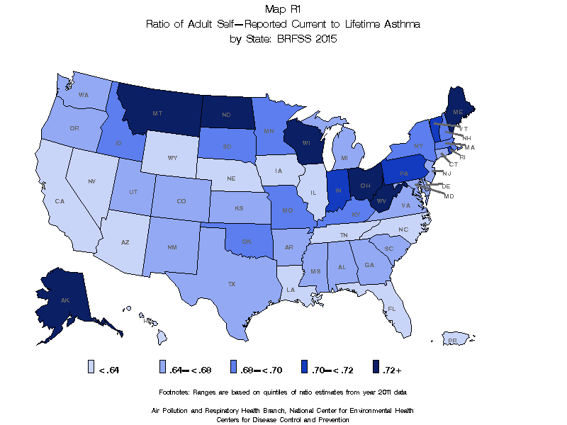 Ratio of adult self-reported current to lifetime asthma, by state: BRFSS 2015