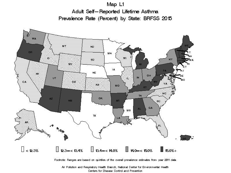 Adult self-reported lifetime asthma prevalence rate (percent) by state