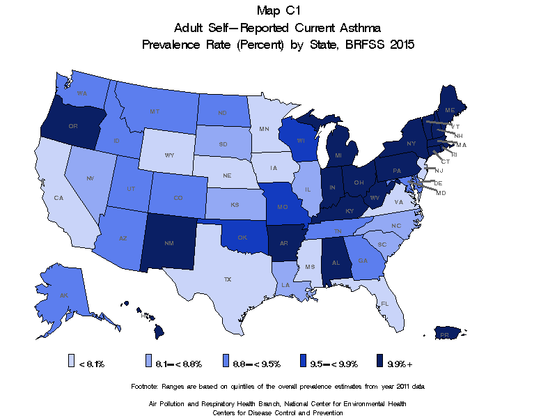 Adult self-reported current asthma prevalence rate (percent) by state: BRFSS 2015