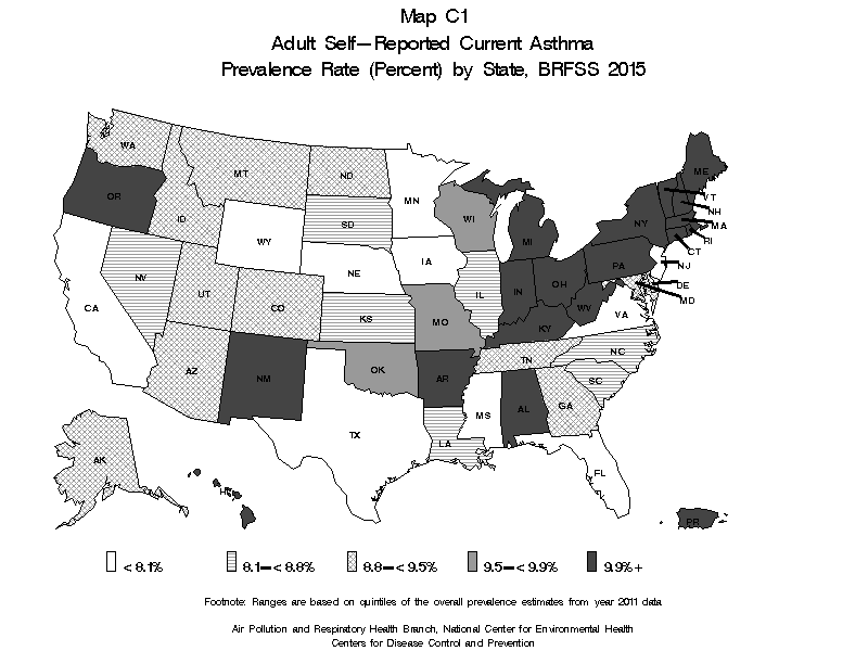 Adult self-reported current asthma prevalence rate (percent) by state