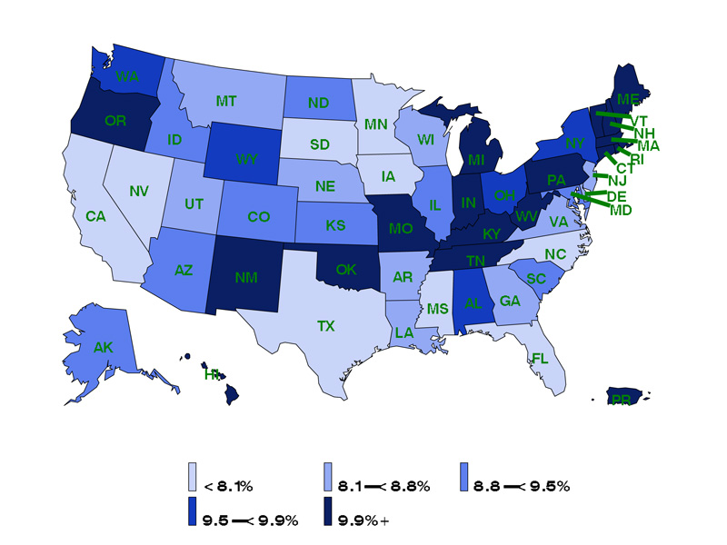 asthma-current-mapC1-color-800x600 Adult self-reported current asthma prevalence rate (percent) by state: BRFSS 2016