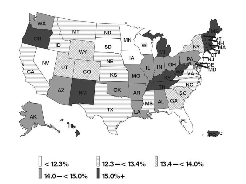 Adult Self-Reported Lifetime Asthma Prevalence by State: BRFSS 2016
