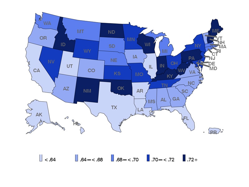 Ratio of Adult Self Reported Current to Lifetime Asthma by State: BRFSS 2016