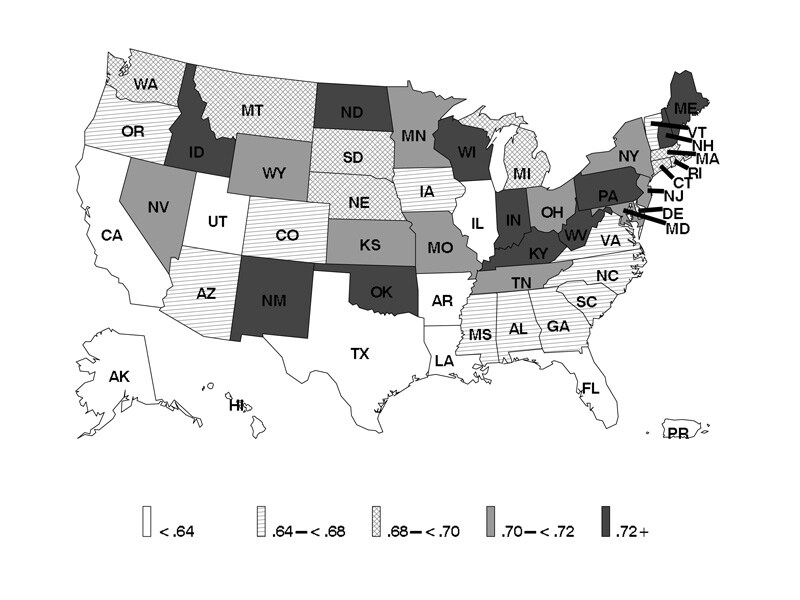 Ratio of Adult Self-Reported Current to Lifetime Asthma by State: BRFSS 2016