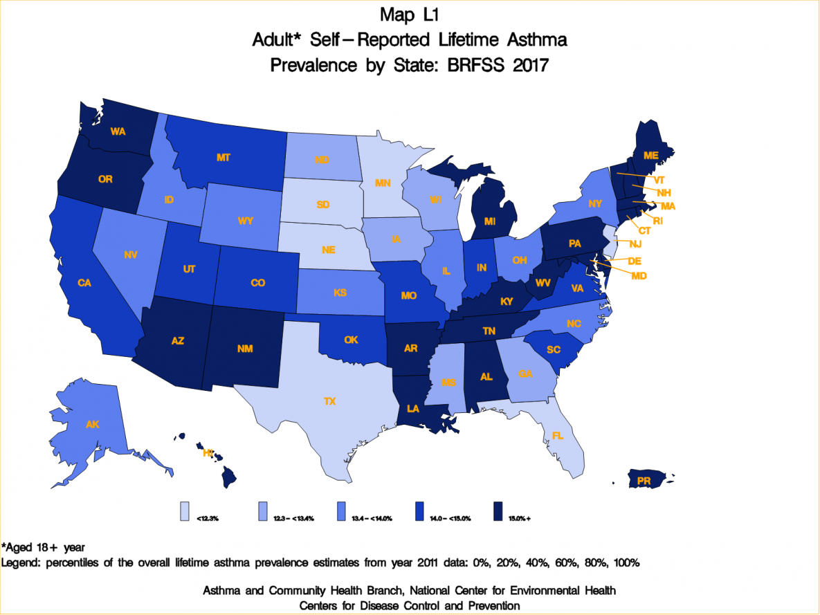 Adult self-reported Lifetime asthma by state - BRFSS 2017