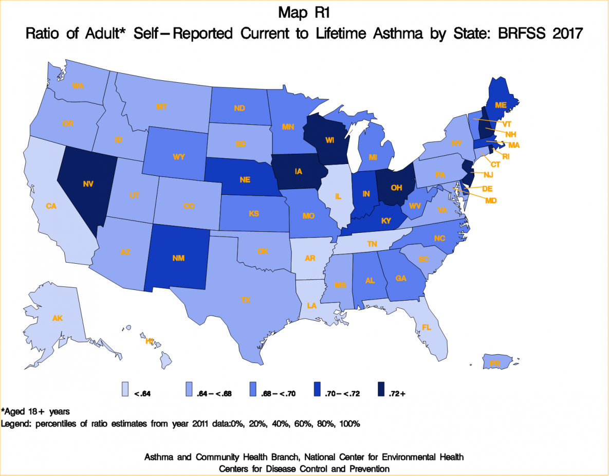 Ratio of Adult self-reported Current to Lifetime asthma by state - BRFSS 2017