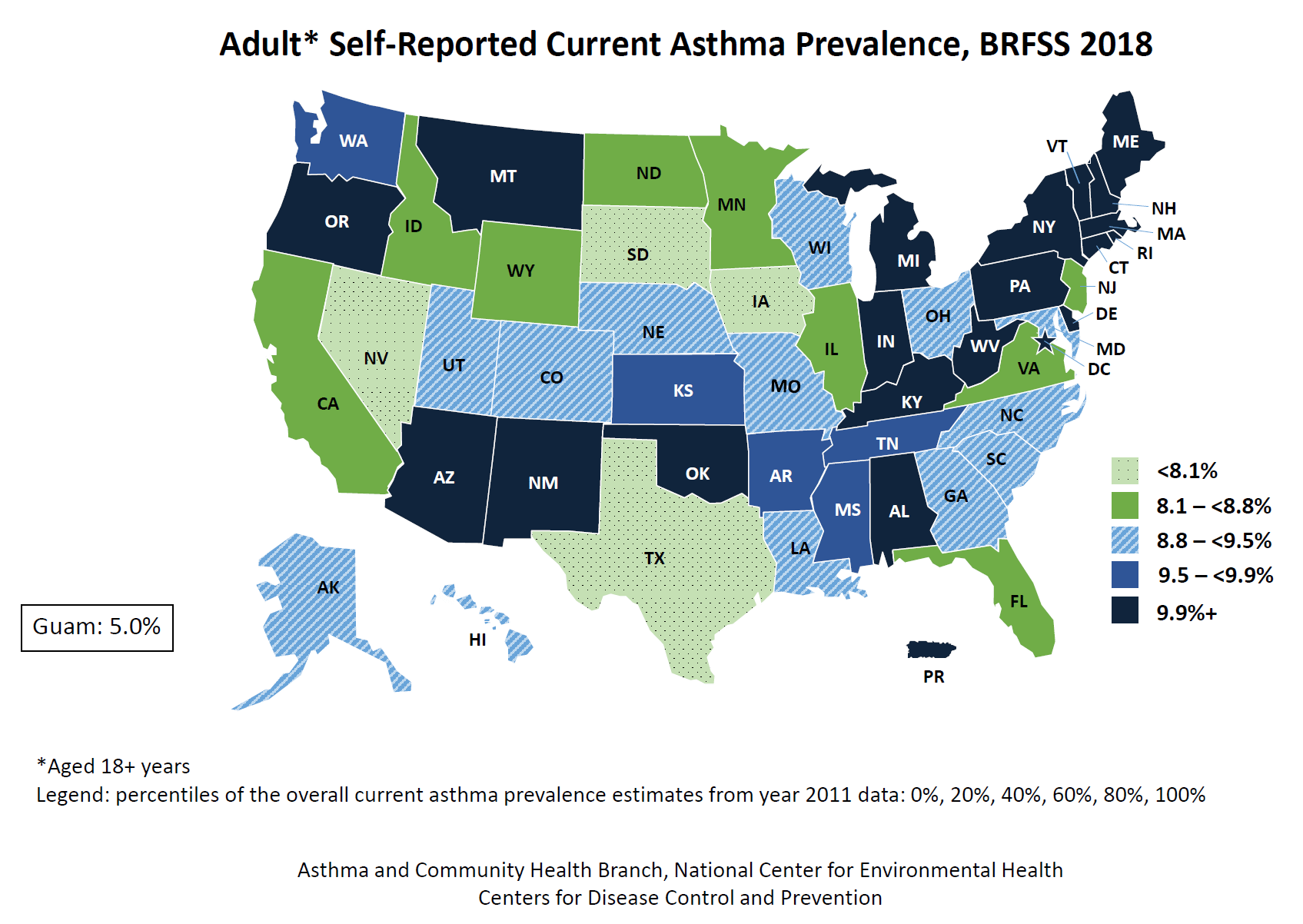 U.S. map showing adult self-reported current asthma prevalence by state for BRFSS 2018