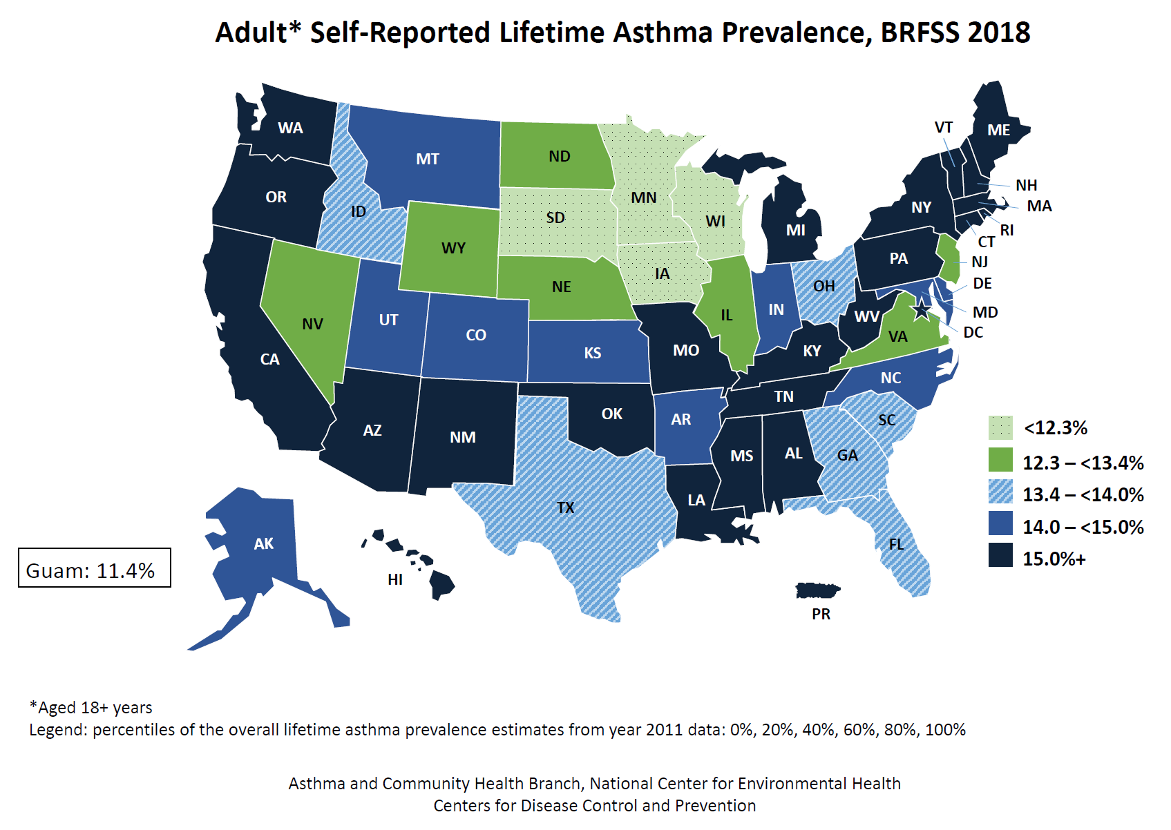 U.S. map showing adult self-reported lifetime asthma prevalence by state for BRFSS 2018