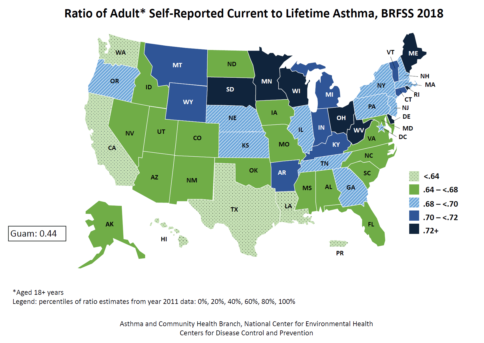 U.S. map showing ratio of adult self-reported current to lifetime asthma by state for BRFSS 2018