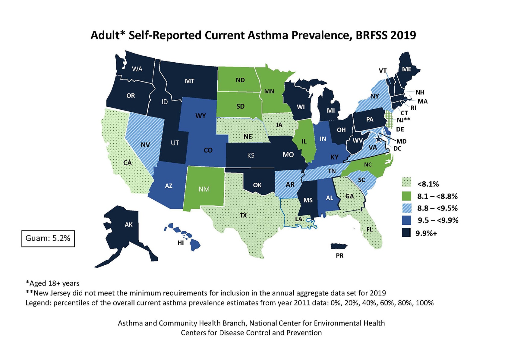 U.S. map showing adult self-reported current asthma prevalence by state for BRFSS 2019