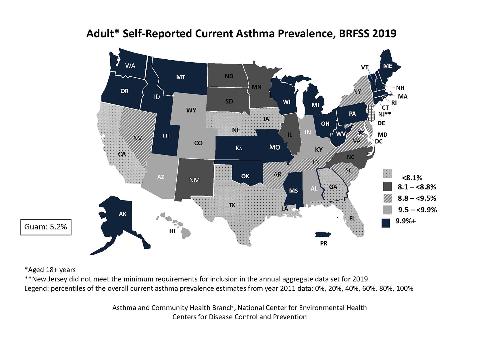 Black and white U.S. map showing adult self-reported current asthma prevalence by state for BRFSS 2019