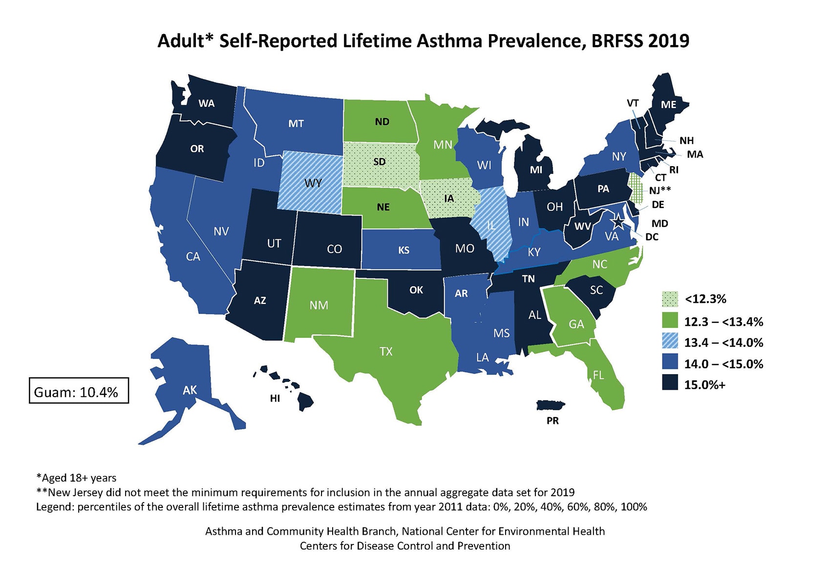 U.S. map showing adult self-reported lifetime asthma prevalence by state for BRFSS 2019