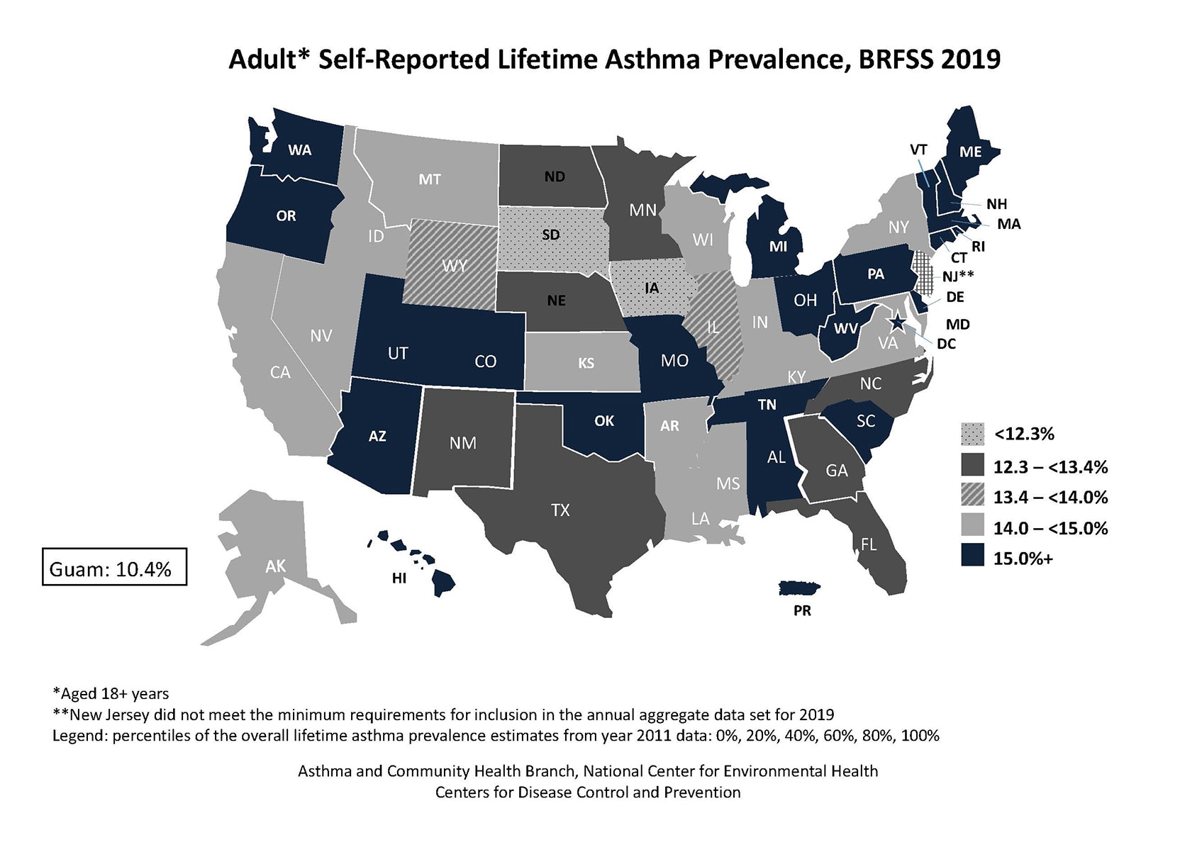 Black and white U.S. map showing adult self-reported lifetime asthma prevalence by state for BRFSS 2019