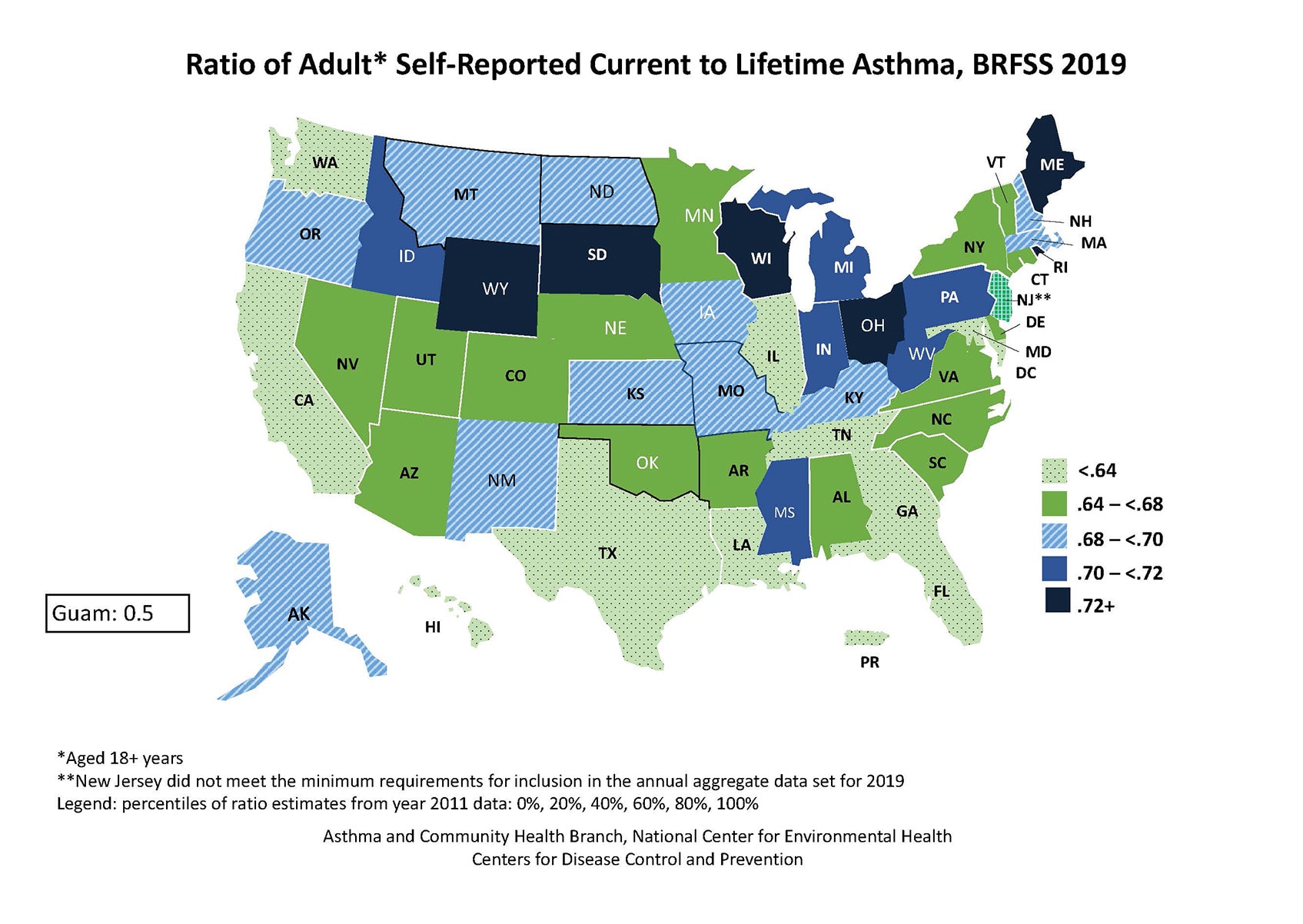 U.S. map showing ratio of adult self-reported current to lifetime asthma by state for BRFSS 2019