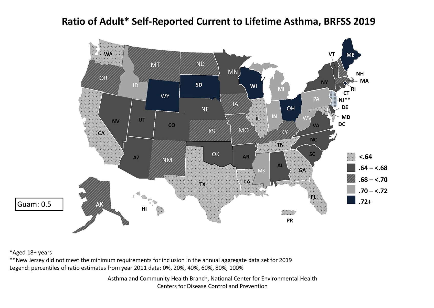Black and white U.S. map showing ratio of adult self-reported current to lifetime asthma by state for BRFSS 2019