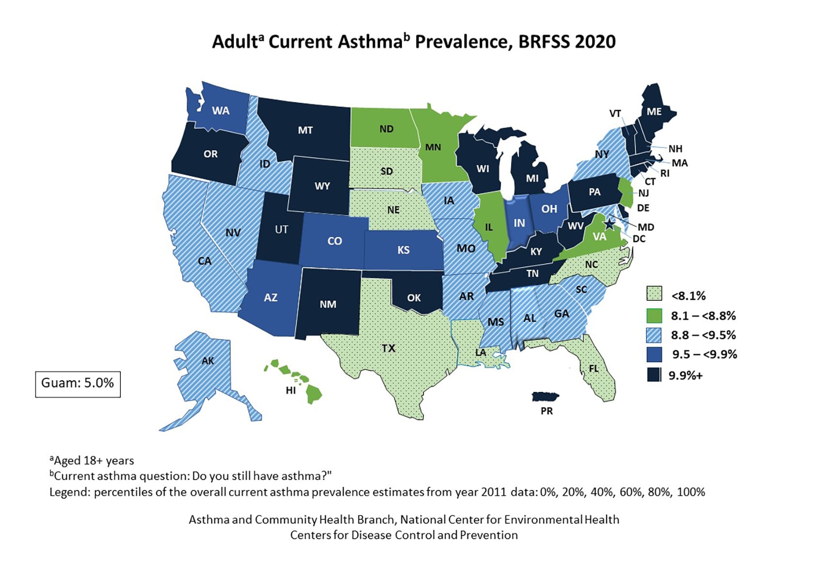 U.S. map showing adult self-reported current asthma prevalence by state for BRFSS 2020