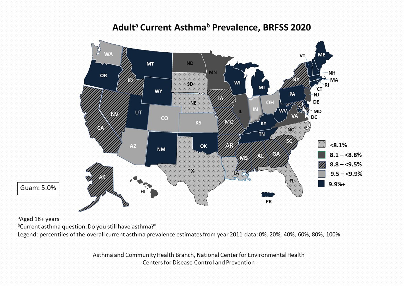 Black and white U.S. map showing adult self-reported current asthma prevalence by state for BRFSS 2020