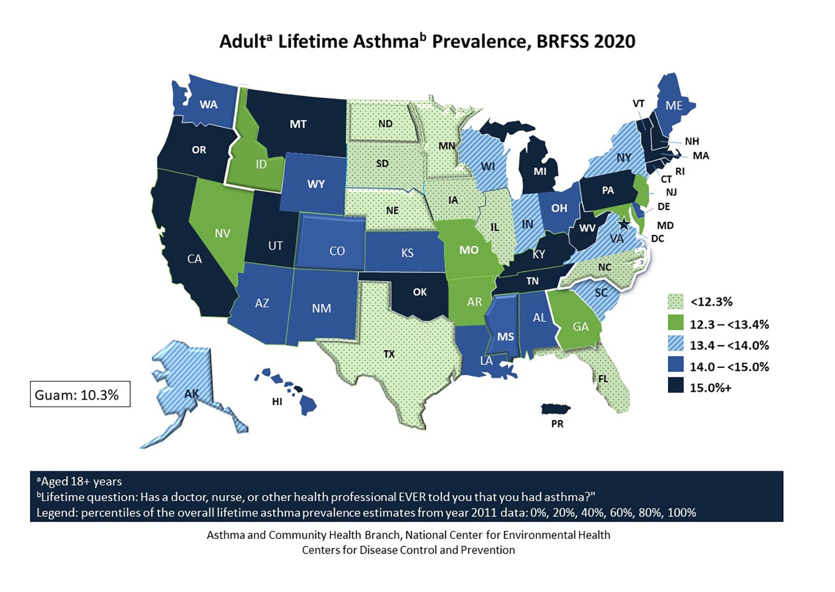U.S. map showing adult self-reported lifetime asthma prevalence by state for BRFSS 2020