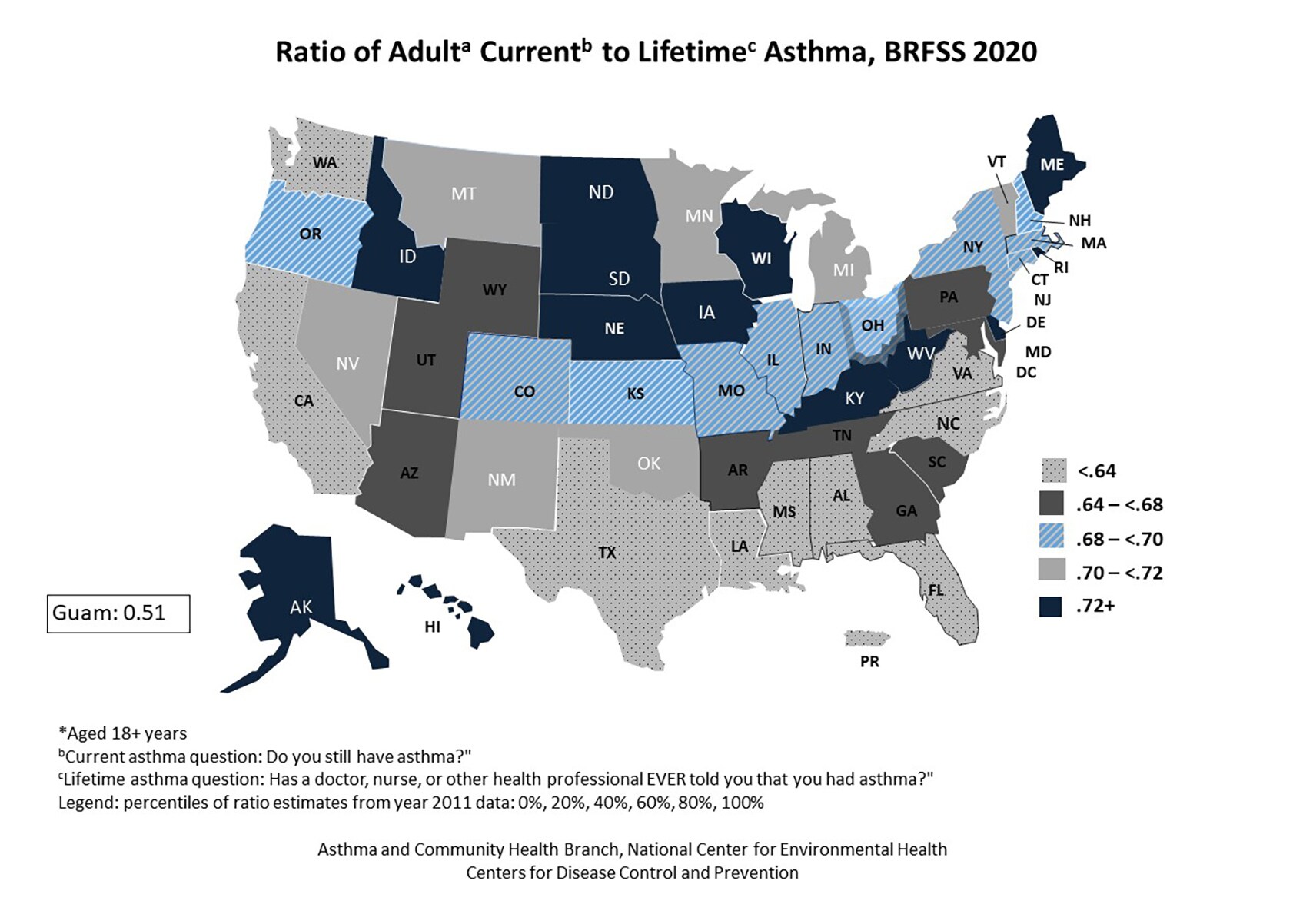 Black and white U.S. map showing ratio of adult self-reported current to lifetime asthma by state for BRFSS 2020