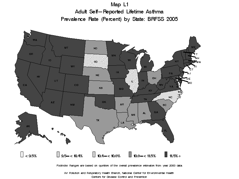 Map L1 (black and white) - Adult Self-Reported Lifetime Asthma Prevalance Rate (Percent) by State: BRFSS 2005